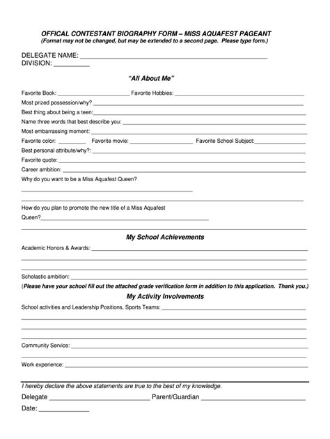 Pageant Application Form Template